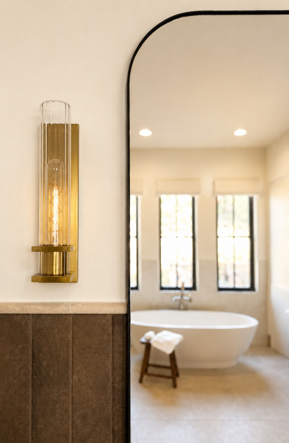 brass wall sconce beside rounded mirror reflecting freestanding tub in littleton co kitchen and bathroom remodel