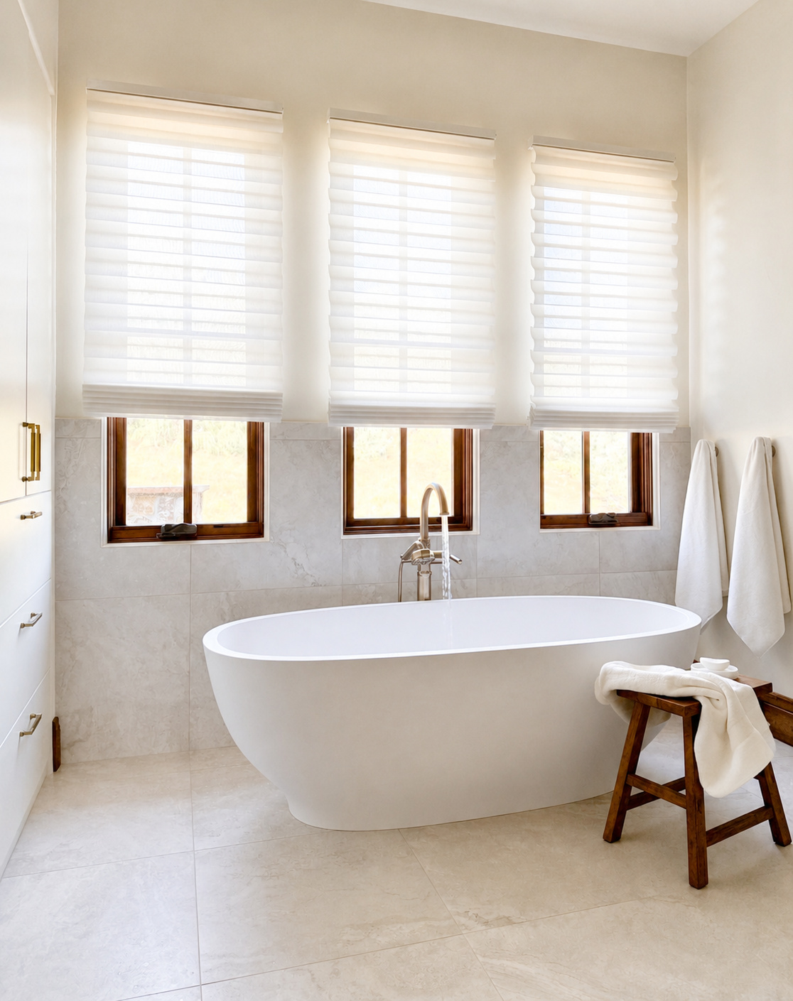 bright bathroom with freestanding tub three windows and white shades in littleton co kitchen and bathroom remodel