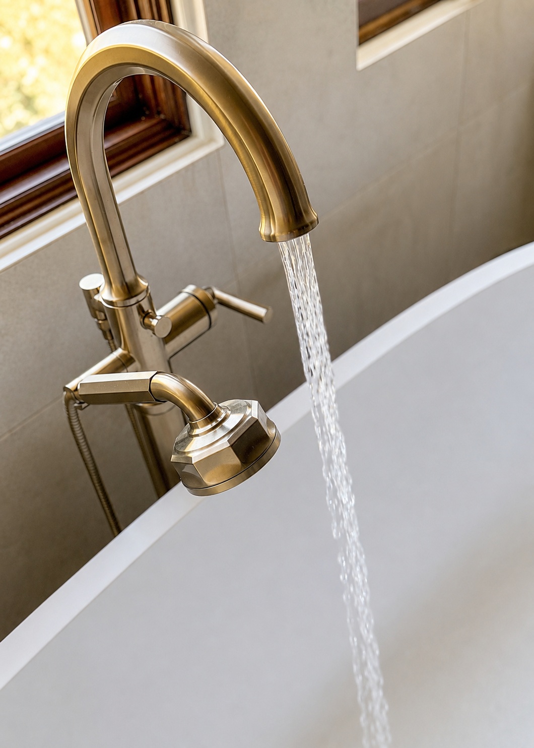 brushed brass tub filler with running water in littleton co bathroom remodel