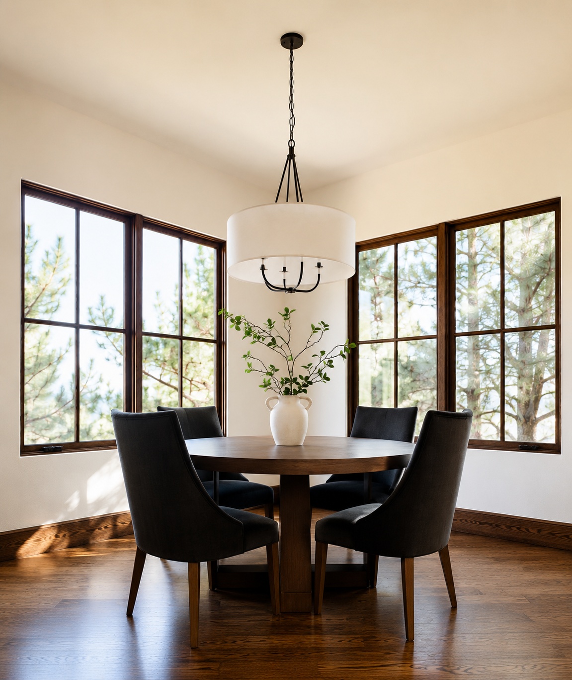 littleton co kitchen and bathroom remodel after dining area with round wood table large windows and modern chandelier