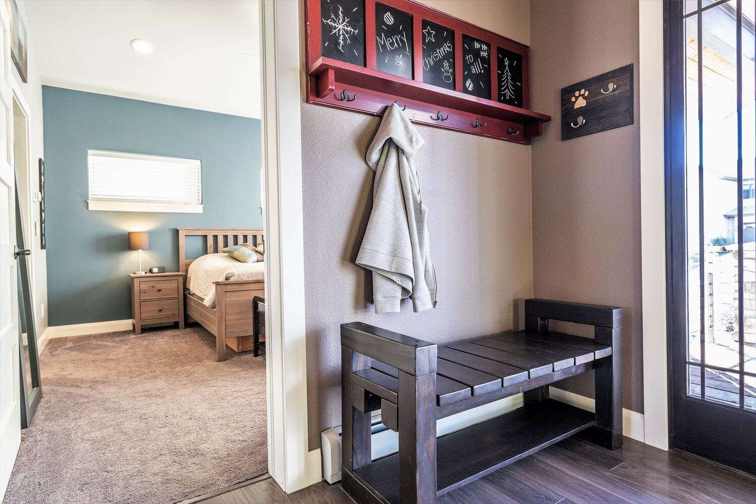 Carpentry-mudroom-red-details-wood-chair-Littleton-Colorado