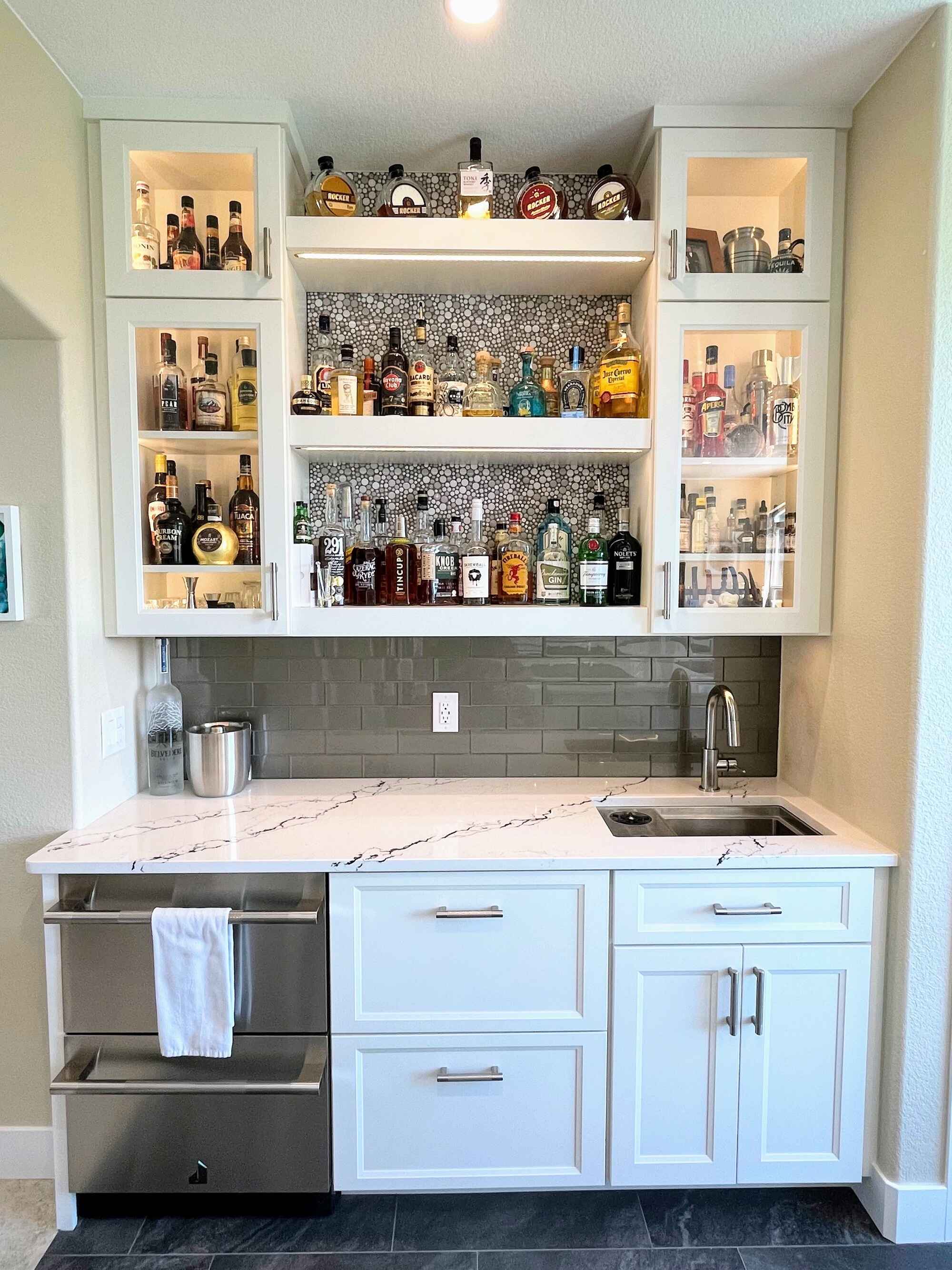 Beautiful-bright-kitchen-white-shaker-cabinets-double-island-Littleton-Colorado