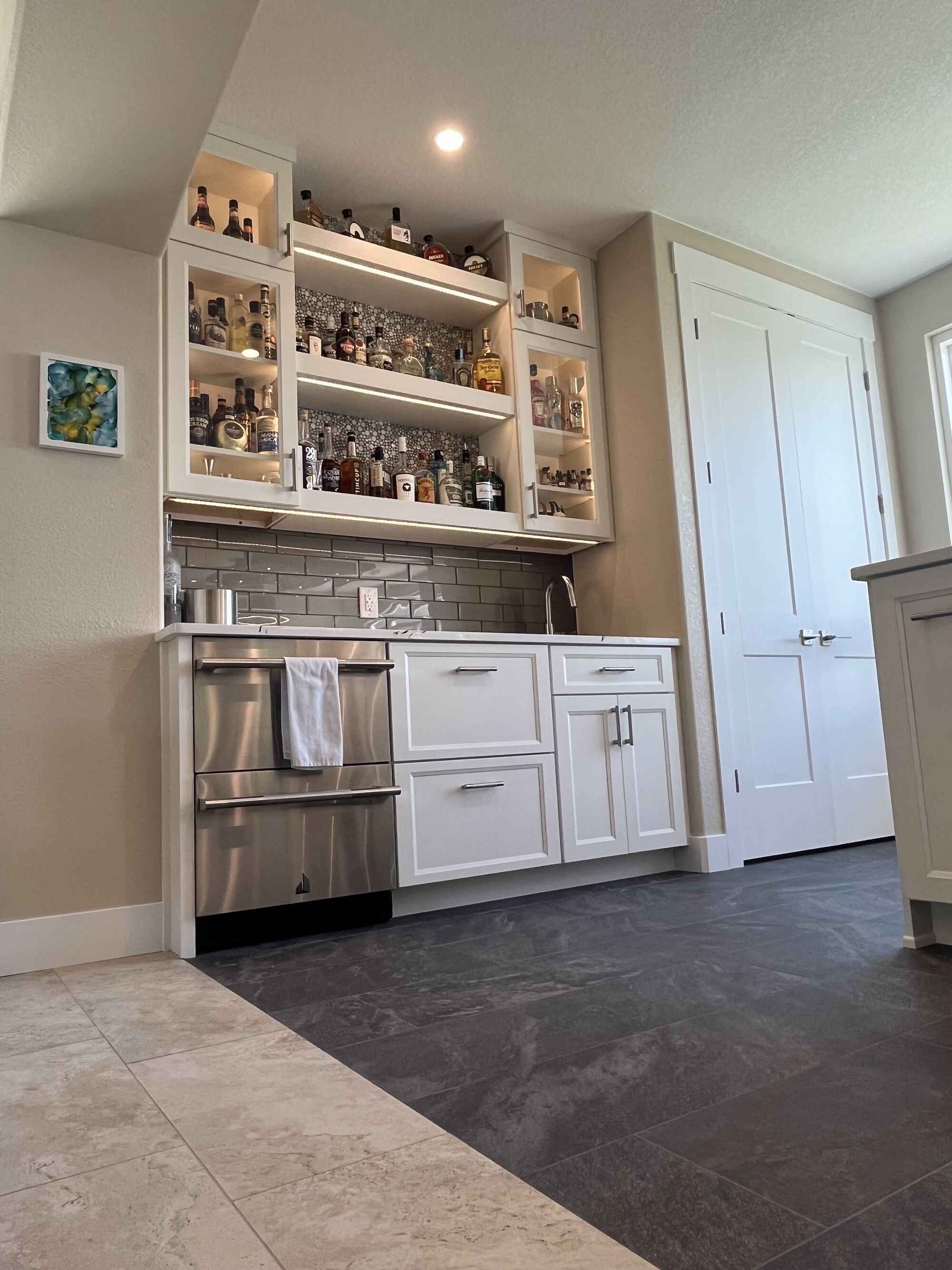 Beautiful-bright-kitchen-white-shaker-cabinets-double-island-Littleton-Colorado