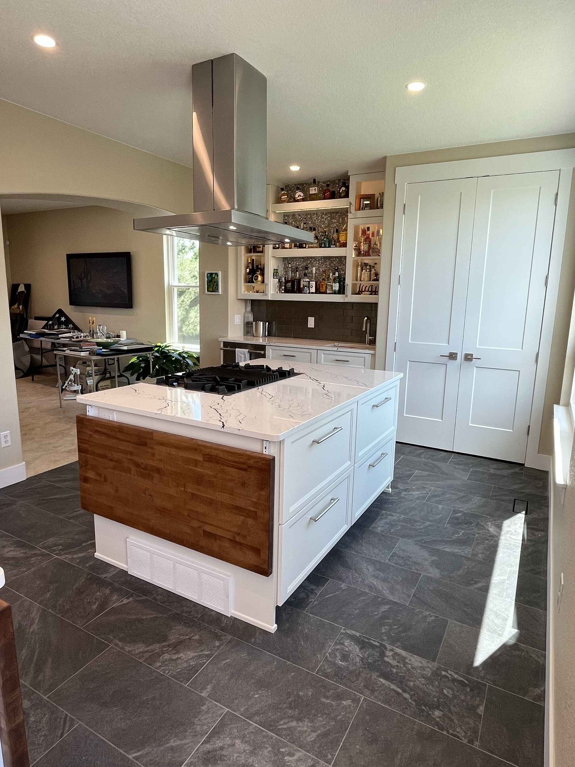 Beautiful-bright-kitchen-white-shaker-cabinets-double-island-Littleton-Colorado
