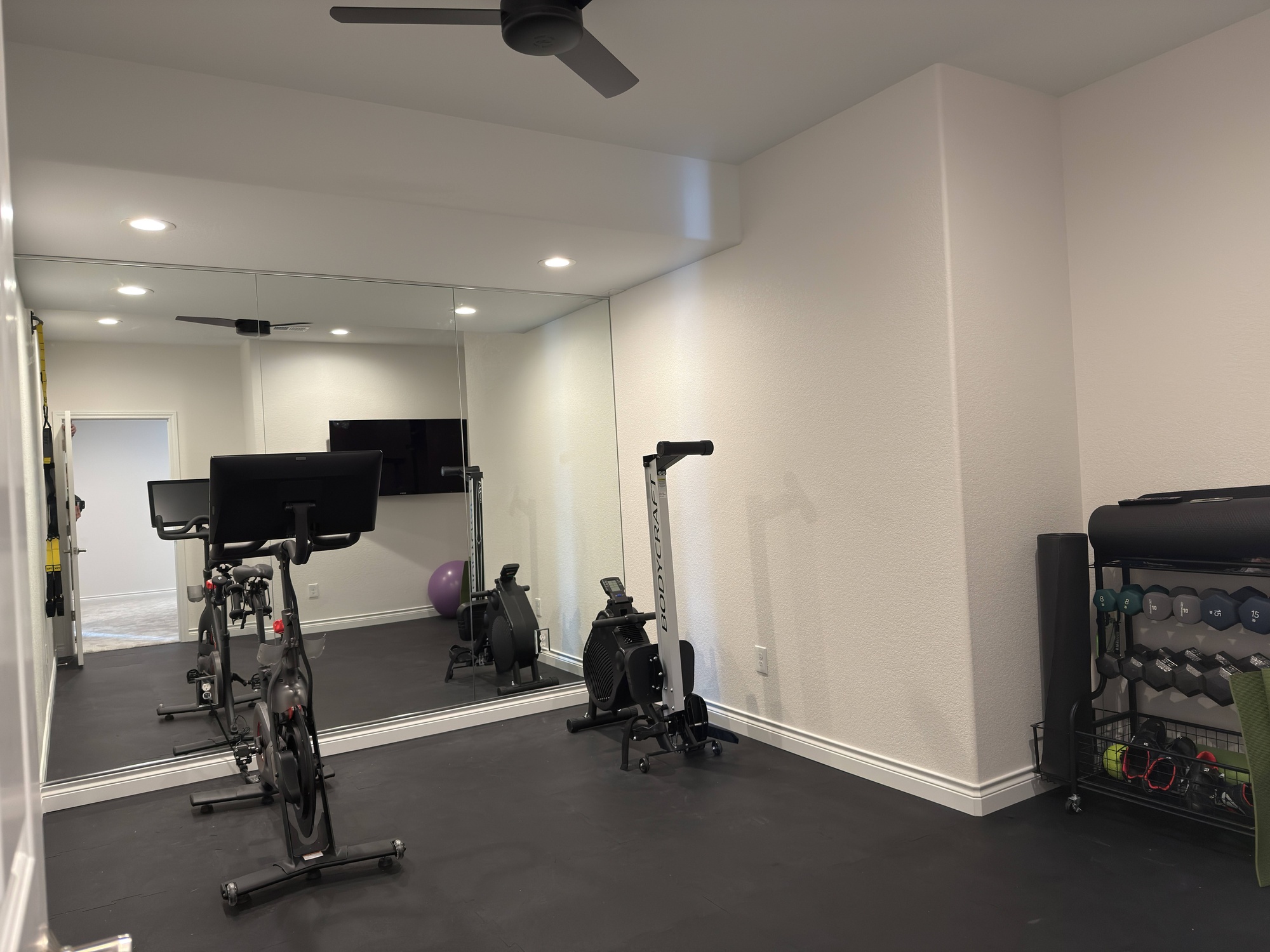 after basement remodel home gym with mirrored wall and exercise equipment in littleton