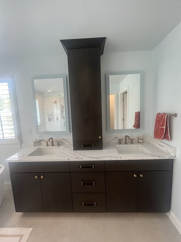 after denver bathroom remodel floating dark wood vanity with backlit mirrors