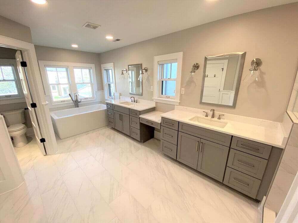 Big-elegant-bathroom-grey-cabinets-white-floor-Littleton-Colorado by Grimes Home Concepts