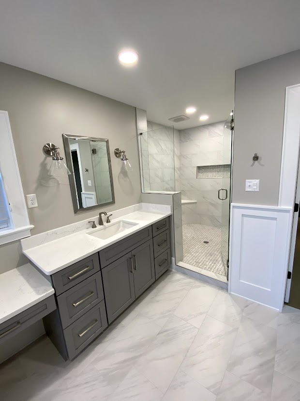 denver bathroom remodel after gray vanity and glass walk in shower