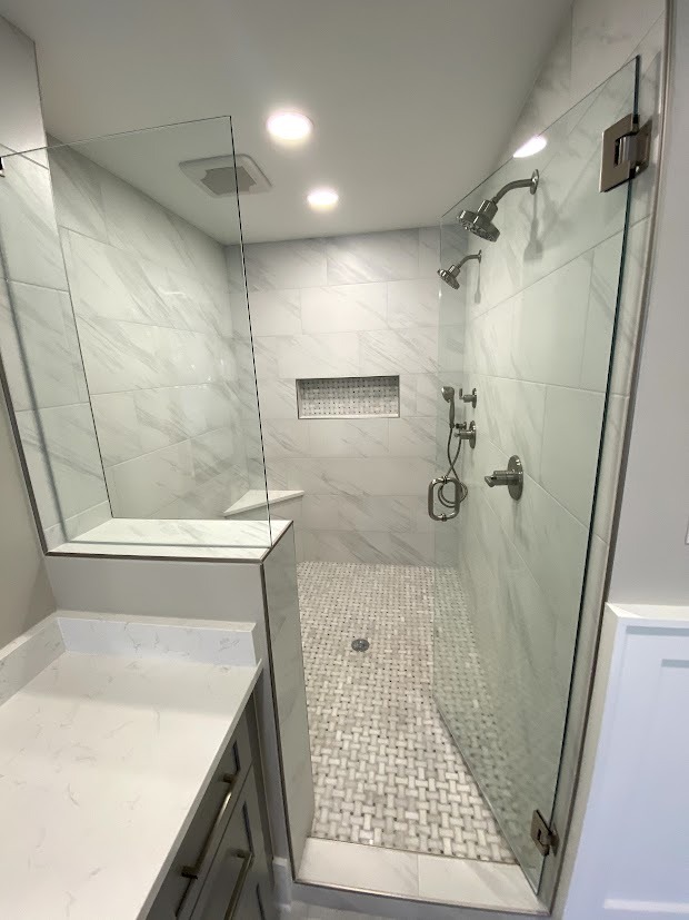 denver bathroom remodel after marble tile walk in shower with glass enclosure