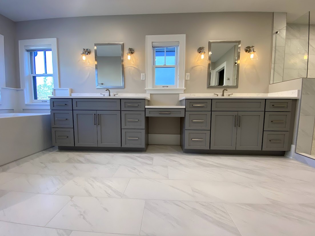 denver bathroom remodel after modern gray vanity and walk in shower