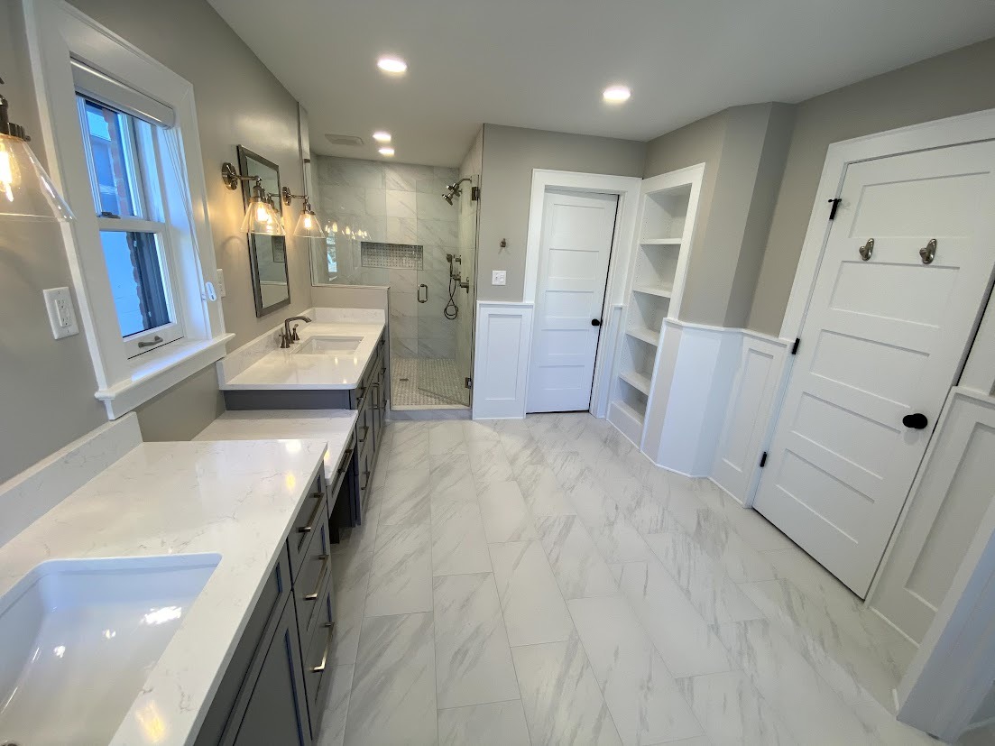 denver bathroom remodel after spacious bathroom with built in shelving