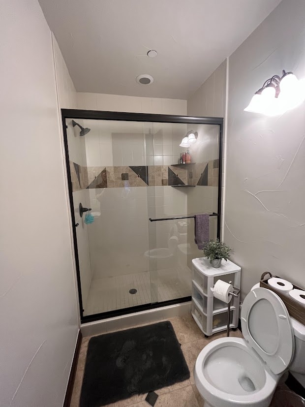 before castle pines whole home remodel bathroom with black framed glass shower and toilet area
