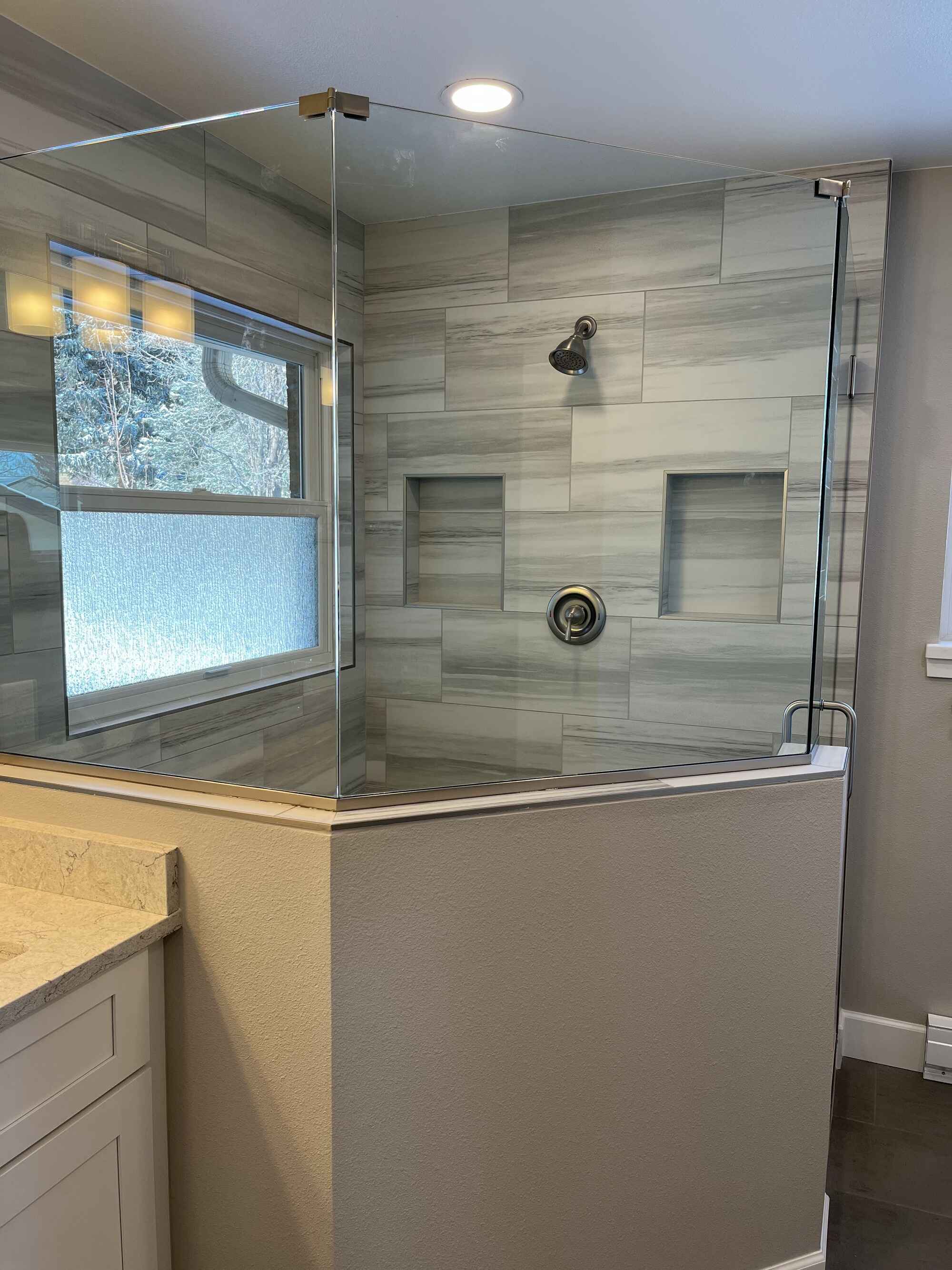 Custom-bright-bathroom-white-cabinets-gray-tile-Littleton-Colorado4 by Grimes Home Concepts