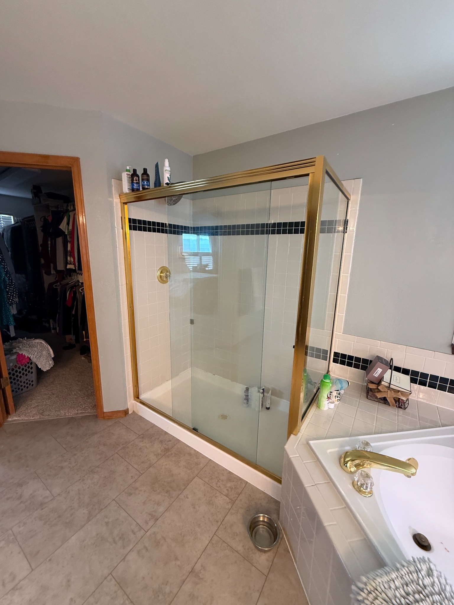 before littleton bathroom remodel gold framed glass shower beside corner soaking tub