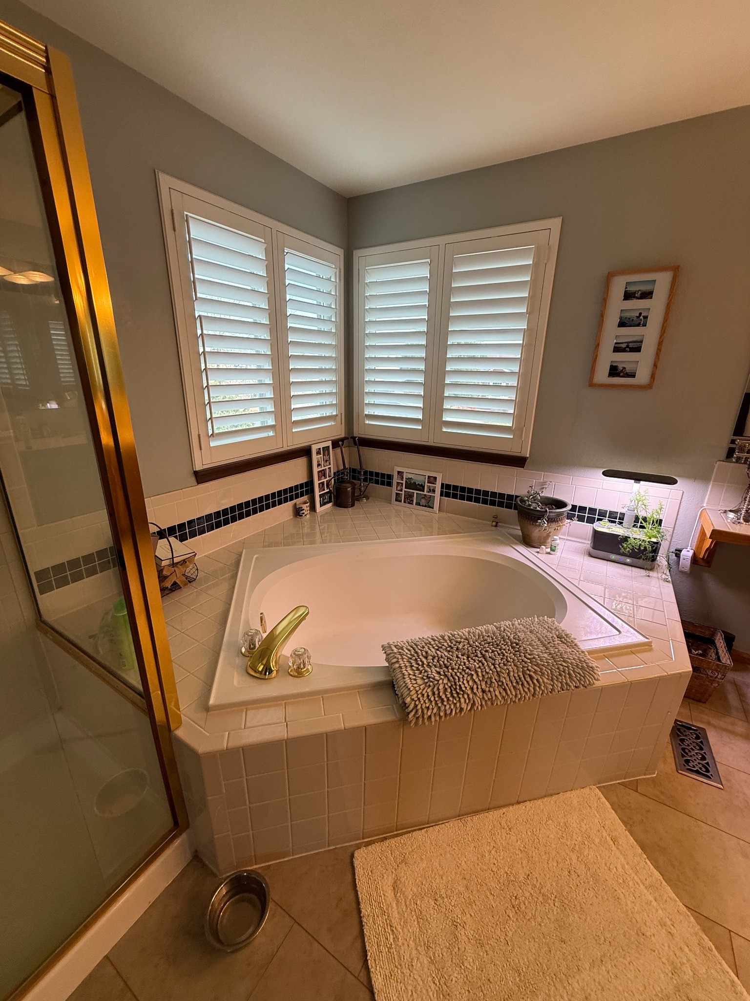 before littleton bathroom remodel with corner soaking tub and gold framed shower